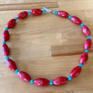 NWOT GENUINE CORAL BLUE TURQUOISE BEDS NECKLACE